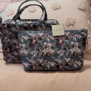 Ellen Tracy Floral Cosmetic Bag Set - Blue and Brown